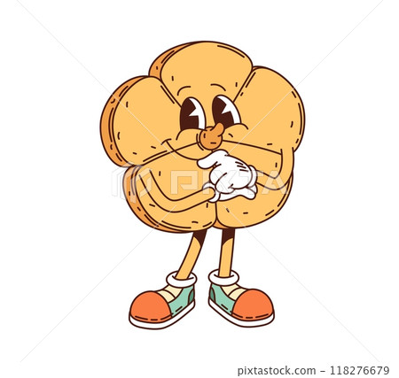 Cartoon groovy japanese monaka dessert character. Isolated vector fun and cheerful cookie in shape of flower standing with a playful expression, wearing a pair of sneakers. Japan sweet food personage 118276679