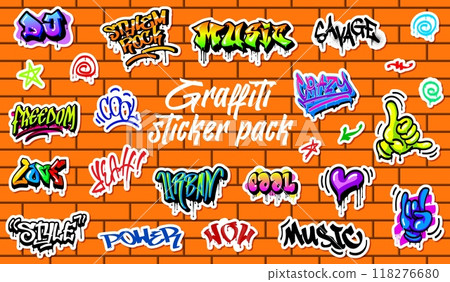 Graffiti urban street art stickers pack. Vector vibrant words like music, style, savage, love and cool. Wow, music, yeah, power or freedom along with urban street art symbols displayed on a brick wall 118276680