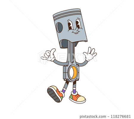 Retro groovy car piston character with expressive eyes and a wide smile, complete with colorful sneakers and vintage funky vibe. Isolated cartoon vector friendly automotive vehicle part personage Retro groovy car piston character with expressive eyes and a wide smile, complete with colorful sneakers and vintage funky vibe. Isolated cartoon vector friendly automotive vehicle part personage 118276681