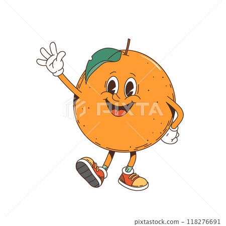 Cartoon groovy tangerine retro character with a big smile, waving hand. Isolated vector ripe and cheerful tropical orange or mandarin citrus fruit personage, wearing sneakers and a leaf on its head 118276691