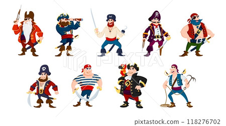 Cartoon sea pirate sailor and corsair captain characters, vector Caribbean personages. Angry man pirate or filibuster in tricorne hat with parrot, bearded buccaneer with eyepatch and hook hand or leg 118276702