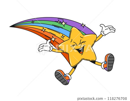 Groovy retro space character, star with rainbow tail and twinkles, cartoon vector emoji. Funny comic groovy galaxy star with funky face and happy smile with twinkle shines on rainbow sparkles 118276708