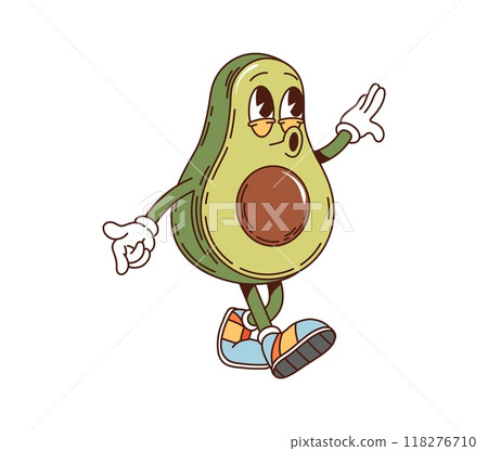 Retro groovy avocado for breakfast funky character with funny face, cartoon vector. Groovy retro comic avocado character whistling happy melody and walking for kids breakfast comic food emoji 118276710