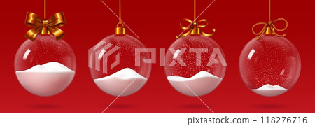 Christmas glass bauble with snow. Realistic 3d vector transparent glass spheres for xmas and new year winter holiday celebration. Crystal baubles ornament with snowflakes, elegant festive decoration 118276716