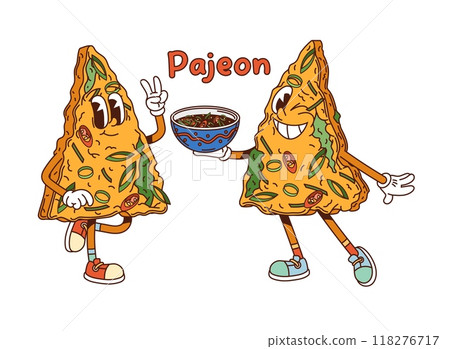 Cartoon groovy Korean pajeon characters with cheerful expressions. Isolated vector playful and funky Asian cuisine personages, one holding a bowl of dipping sauce, and the other flashing a peace sign 118276717