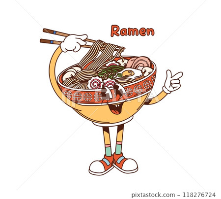 Cartoon groovy Korean ramen character. Playful bowl with noodles, vegetables, and a happy face holding chopsticks. Isolated vector food personage representing fun and delicious Asian ramen cuisine 118276724