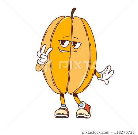 Cartoon groovy starfruit carambola fruit character flashing a peace sign and smirking, showcasing a relaxed and confident vibes. Isolated vector cool tropical fruit personage wearing vintage sneakers 118276725