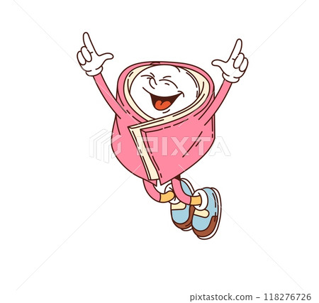 Cartoon groovy japanese namagashi dessert character cheerfully jumping. Vector charming pink confection personage. Funny and happy traditional japan sweets rejoice with playful smile and closed eyes Cartoon groovy japanese namagashi dessert character cheerfully jumping. Vector charming pink confection personage. Funny and happy traditional japan sweets rejoice with playful smile and closed eyes 118276726
