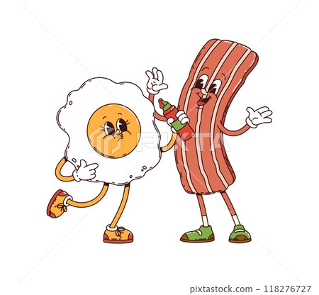 Retro groovy breakfast bacon and fried egg characters with ketchup bottle. Cute and funny cartoon vector friends food personages rejoice together. Isolated kawaii funky ingredients exudes friendship 118276727