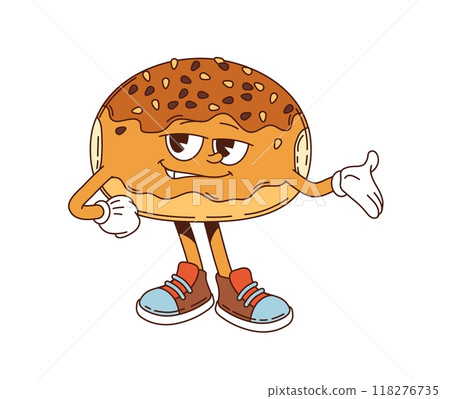 Cartoon groovy japanese anpan bun character showing welcoming gesture. Isolated vector delicious japan red bean bread personage with retro sneakers and laid-back attitude inviting to visit Asian cafe 118276735