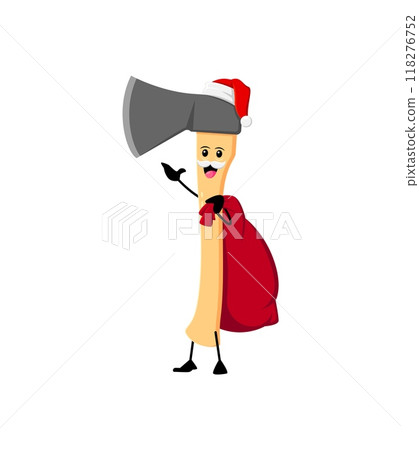 Cartoon Christmas axe diy and repair tool character in Santa hat carrying gifts bag. Isolated vector ax personage with cheerful face, ready to spread seasonal holiday joy during festive celebrations Cartoon Christmas axe diy and repair tool character in Santa hat carrying gifts bag. Isolated vector ax personage with cheerful face, ready to spread seasonal holiday joy during festive celebrations 118276752