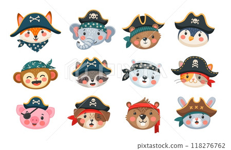 Cartoon animal pirates and corsairs. Sailor, captain, skipper and boatswain characters of cute cat, dog, fox and bunny with pirate costume hats, bandanas and eye patch. Funny monkey and bear corsairs 118276762