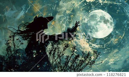 A witch reaches out toward the glowing full moon, her silhouette framed by dark foliage and swirling clouds during a night of divination 118276821