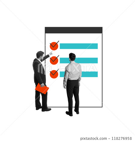 Two businessmen standing in front of checklist, marking tasks as completed. Planning and project management. Effective work process. Conceptual design. 118276958
