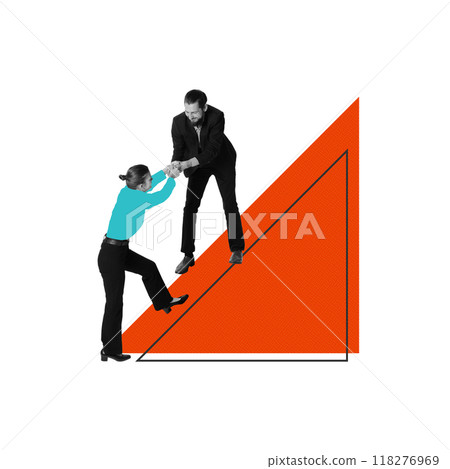 Man helping woman climb steep red incline, symbolizing support and mentorship within workplace. Conceptual design. 118276969