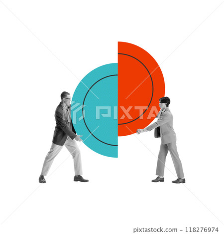 Two men, colleagues connecting circles, symbolizing efficient collaboration in project development. Conceptual design. 118276974