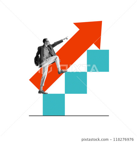 Man climbing steps with arrow going upwards. Growth and progress. Businessperson achieving new heights in career. Conceptual design. Man climbing steps with arrow going upwards. Growth and progress. Businessperson achieving new heights in career. Conceptual design. 118276976