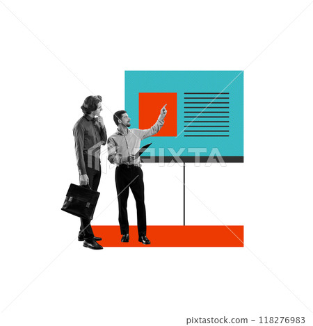 Man making induction to new employee, presenting information on screen. Team collaboration for understanding data. Conceptual design. Man making induction to new employee, presenting information on screen. Team collaboration for understanding data. Conceptual design. 118276983