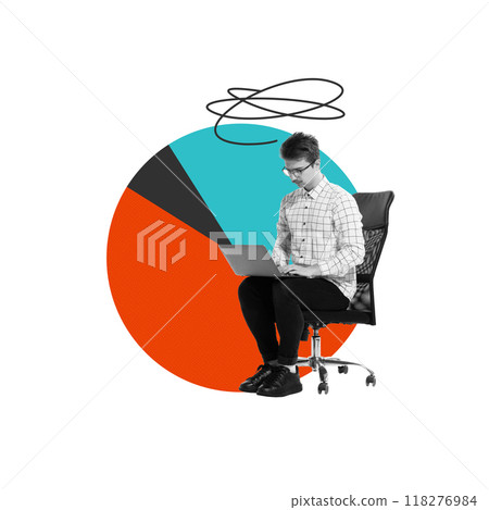 Man, employee working on laptop with pie chart behind. Focus on data analysis and performance metrics. Conceptual design. Man, employee working on laptop with pie chart behind. Focus on data analysis and performance metrics. Conceptual design. 118276984