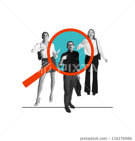 Magnifying glass over people symbolizing efficient employment, search for perfect candidates. Recruitment, and selecting the best fit. Conceptual design. Magnifying glass over people symbolizing efficient employment, search for perfect candidates. Recruitment, and selecting the best fit. Conceptual design. 118276986