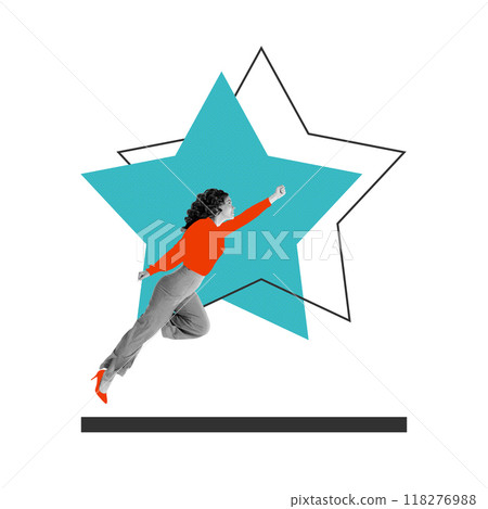 Woman leaping forward with confidence, and motivation. Aiming for success and drive to achievements in business world. Contemporary art collage. 118276988