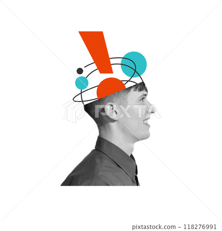 Mans head filled with colorful shapes and exclamation mark, innovative thinking, skills and realization of new business ideas and solutions. Contemporary art collage. 118276991
