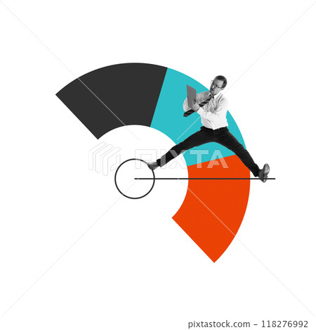 Man leaping across data charts, symbolizing agility and ability to adapt quickly in dynamic business environment. Maintaining focus on goals. Contemporary art collage. 118276992