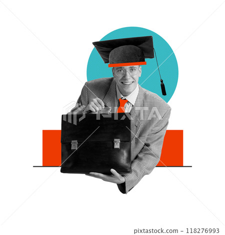 Man in graduation cap holding briefcase. Combination of education and practical experience in shaping successful career. Contemporary art collage. 118276993
