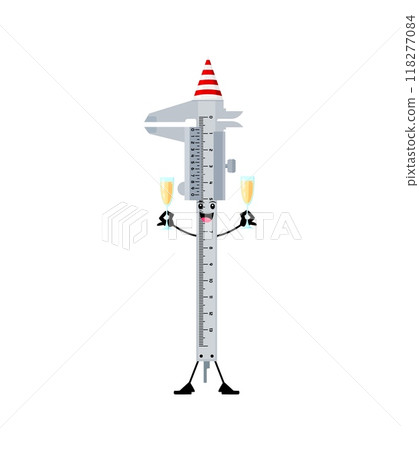 Cartoon Christmas Vernier caliper diy and repair tool character cheerfully holds champagne glasses. Isolated vector measuring construction instrument personage enjoying holiday celebration with a joy 118277084