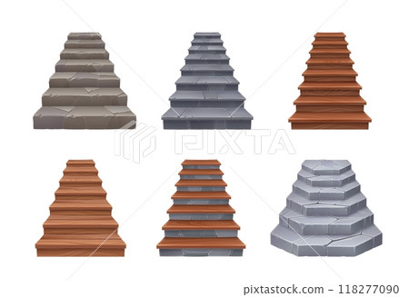 Stone and wooden stairs, castle staircase and stairway for arcade game elements, cartoon vector. Stairs ladder with stone rock tile steps or wood planks for floor stairway or game level staircase Stone and wooden stairs, castle staircase and stairway for arcade game elements, cartoon vector. Stairs ladder with stone rock tile steps or wood planks for floor stairway or game level staircase 118277090