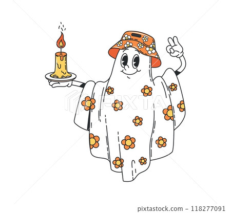 Cartoon Halloween groovy ghost character in funny panama hat and sheet decorated with daisy flowers, clutching a lit candle. Isolated vector adorable yet eerie, spook personage wander at holiday night 118277091