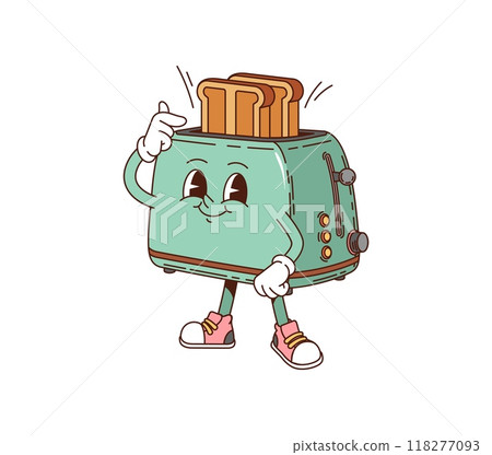 Cartoon toaster retro groovy breakfast character with a smiling face, pointing with one hand on the fried toast slices popping out. Isolated vector toaster kitchen equipment personage cooking bread 118277093