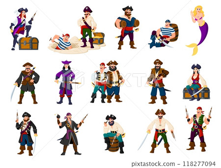 Cartoon sailor and skipper pirate characters, boatswain and captain corsairs or filibusters, buccaneers and mermaid vector personages. Cute pirate girls and corsair sailors with hats, swords and guns 118277094