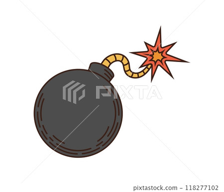 Cartoon bomb groovy pirate and corsair weapon with a lit fuse and sparks. Isolated vector danger vintage medieval grenade with a rope wick burns rapidly, promising a powerful explosion 118277102