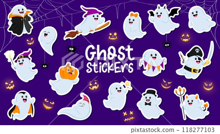 Cartoon funny Halloween ghost characters stickers pack. Vector patches with adorable spooks dressed in festive costumes of witch, vampire, pumpkin head, gentleman and pirate celebrate horror night 118277103