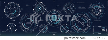 Futuristic digital HUD elements and cyber technology UI interface, vector elements. HUD round circles and futuristic radars or controls for interface dashboard with target aim monitor and data charts Futuristic digital HUD elements and cyber technology UI interface, vector elements. HUD round circles and futuristic radars or controls for interface dashboard with target aim monitor and data charts 118277112