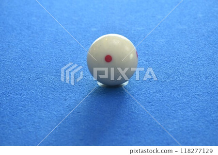 billiard ball with number arranging ready for playing on blue pool table 118277129