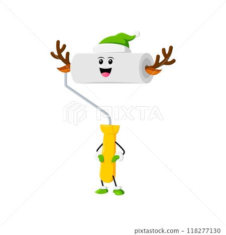 Cartoon Christmas wallpaper roll diy and repair tool character wear deer horns. Isolated vector construction instrument personage spreading festive holiday cheer with a merry seasonal decorations 118277130