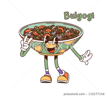 Cartoon groovy Korean bulgogi character. Isolated vector bowl, joyful food personage is happily giving a peace sign with a cheerful expression, promotes Asian restaurant menu and Korean cuisine 118277148