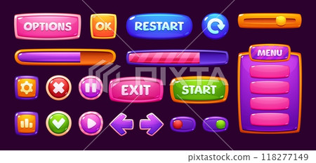 Candy sweet game interface. Cartoon vector menu windows, options, settings, plates with ui buttons, progress bars and gui elements. Glossy user panels with lollipop slider, 2d app design templates set Candy sweet game interface. Cartoon vector menu windows, options, settings, plates with ui buttons, progress bars and gui elements. Glossy user panels with lollipop slider, 2d app design templates set 118277149