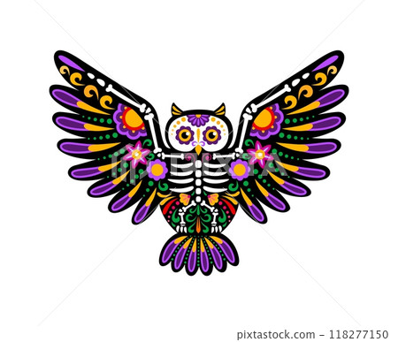 Day of the dead Mexican owl bird animal skeleton tattoo. Vector vibrant owl sugar skull with outstretched wings, intricate patterns and vivid colors symbolizing remembrance and cycle of life and death 118277150