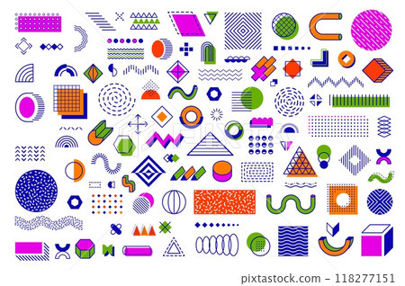 Memphis geometric shapes and abstract elements. Vector 80s or 90s trendy ornament in hipster style with modern colorful figures. Pattern or background with linear details, dots, triangles and waves 118277151