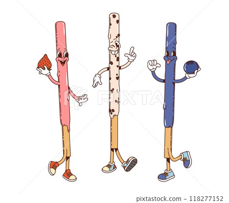 Cartoon groovy japanese pocky dessert characters. Isolated vector sweet stick personages with fun expressions holding a strawberry, chocolate chips, and a blueberry, performing Japan food and culture Cartoon groovy japanese pocky dessert characters. Isolated vector sweet stick personages with fun expressions holding a strawberry, chocolate chips, and a blueberry, performing Japan food and culture 118277152