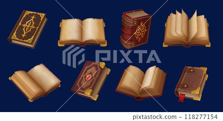 Medieval game book icons, ancient magic spellbook and fantasy manuscript. vector open and closed fantasy grimoires for fairytale wizard or witch with ornate leather covers, bookmarks and gemstones 118277154