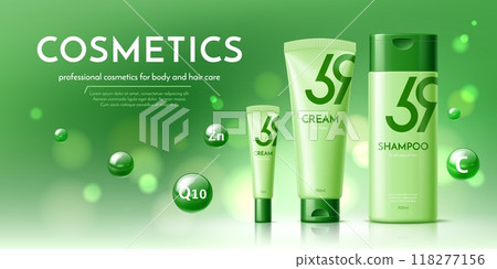Cosmetic product templates. Shampoo bottle and cream tube package. Vector green cosmetics ad showcases professional production for body and hair care, including face and eyelid cream with q10 and zinc Cosmetic product templates. Shampoo bottle and cream tube package. Vector green cosmetics ad showcases professional production for body and hair care, including face and eyelid cream with q10 and zinc 118277156