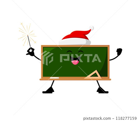 Cartoon Christmas school chalkboard education item character in Santa hat, gleefully holding sparkler. Isolated vector blackboard personage spreading festive holiday cheer in chalky winter wonderland 118277159