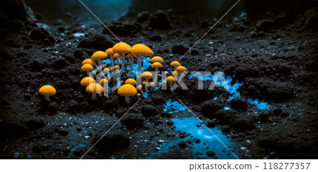 Blue and yellow psilocybin mushrooms, glow brightly, grow on a volvanic soil in groups deep in the cave. Digital photorealistic illustration. The medicine of the future, a super medicine, smart drug 118277357