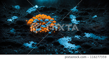 Orange psilocybin mushrooms,grow on a volvanic soil in groups in a specific volcanic microclimate. Digital photorealistic illustration. The medicine of the future, a super medicine, smart drug Orange psilocybin mushrooms,grow on a volvanic soil in groups in a specific volcanic microclimate. Digital photorealistic illustration. The medicine of the future, a super medicine, smart drug 118277359