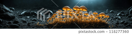 Orange psilocybin mushrooms,grow on a volvanic soil in groups in a specific volcanic microclimate. Digital photorealistic illustration. The medicine of the future, a super medicine, smart drug 118277360