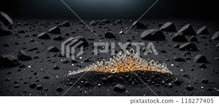 Beautiful colorless, transparent quartz crystal grows from black volcanic soil inside a dark cave. Digital photorealistic illustration 118277405